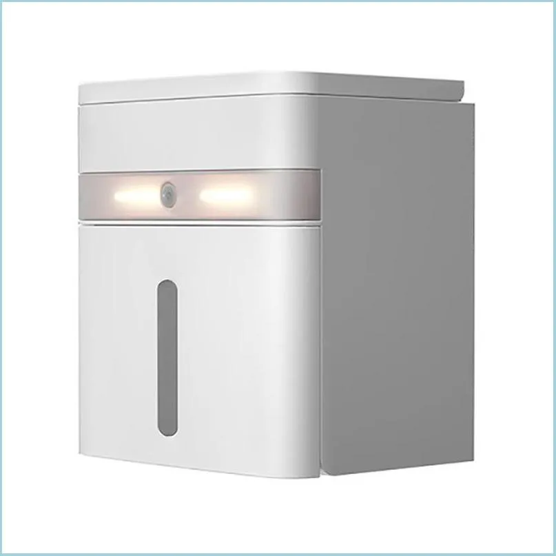 Boîtes à mouchoirs Serviettes Porte-rouleau de papier toilette mural étanche avec lumières de capteur LED Salle de bain Boîte à papier Rack Drop Deli Bdesports Dhh2D