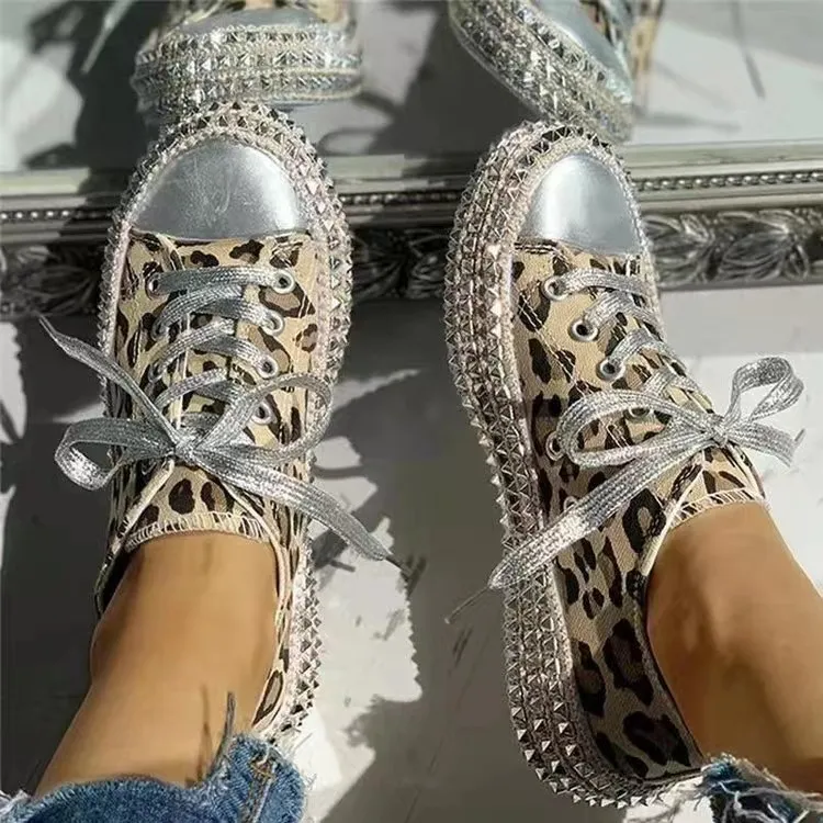 Chaussures plates pour femmes chaussures vulcanisées bottes toile bottines cristal automne hiver bout rond à lacets mode moto plateforme imprimé léopard