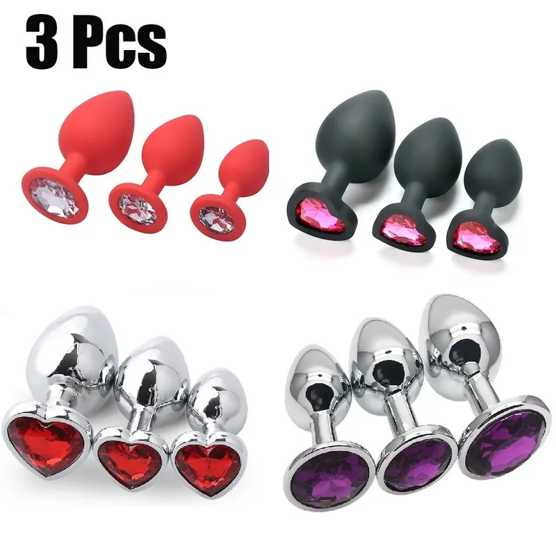 3 pezzi/set metallo butt plug giocattoli del sesso per donne coppie adulti gioco masturbatore anale S/M/L cuore rotondo_voghion.com