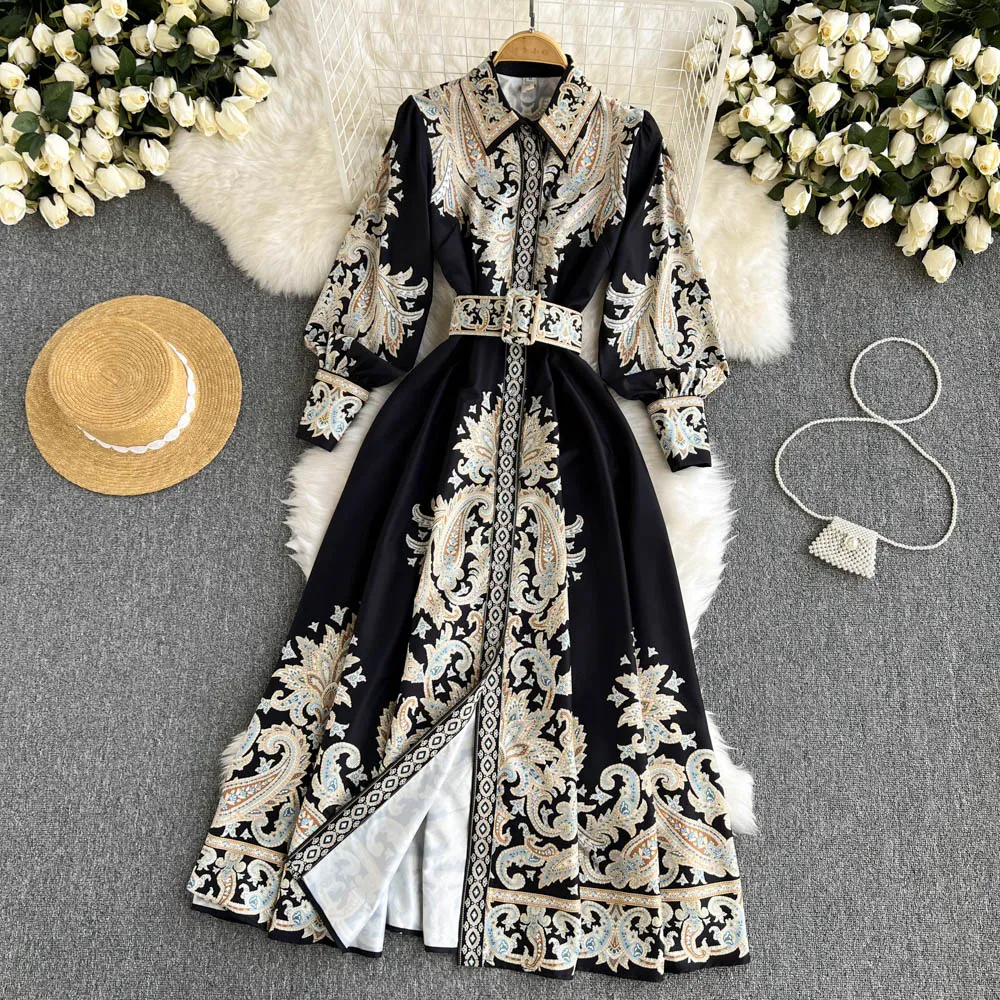 Court style retro printing temperament dress polo collar shirt long skirt in spring new high-end French waist closing