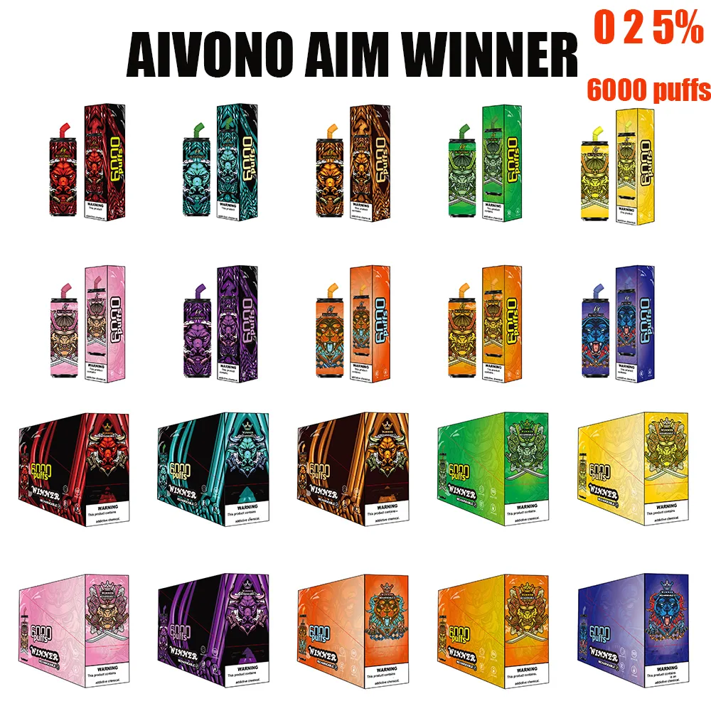 Vencedor do AIVONO AIM 6000 PUFFS E Cigarro 0-5% 600mAh Vapes descartáveis ​​de bateria 15 ml bobina de malha 10 cores autênticas OEM recarregáveis