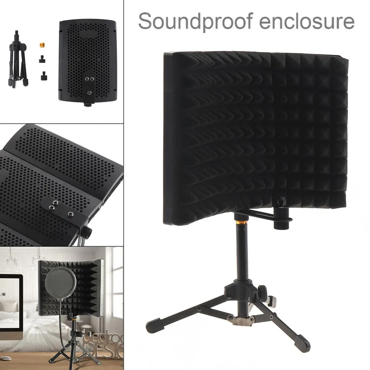 Microphone Isolation Shield Tripod Set 3-Panel Curved Surface Wind Screen Foldable 3/8 to 5/8 Inch Screw Studio Absorbing Foam