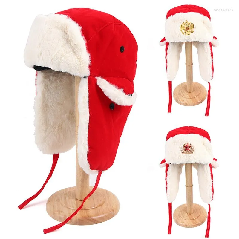 Basker vinter hattar kvinna 2022 ushanka sovjet armé ryska bombplan hatt öronflapp varm faux päls fluffig röd skid snö mössa