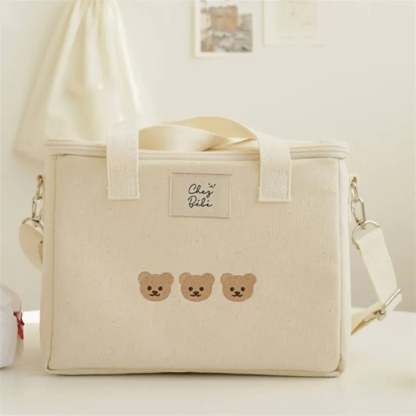 Embroidered Bear Insulated Cotton Diaper Bag For Moms Multifunctional ...