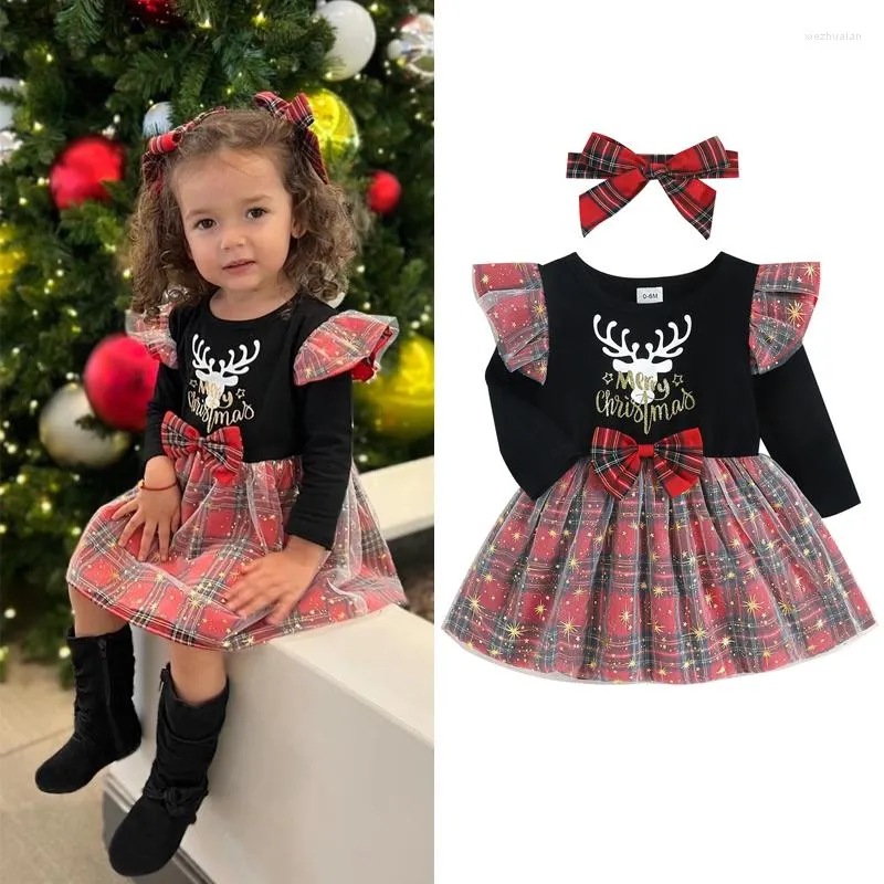 Sukienki dla dziewczynek focusnorm 2pcs Baby Girls Christmas Sukienka strój renifer nadruk kratowy szwy z koronki z długim rękawem Tutu opaska na głowę 0-24m