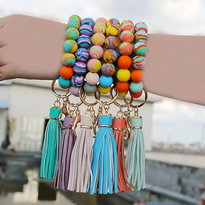 حبات سليكون ملونة مرنة الخرز الأساور الرئيسية حلقة سوار مفتاح السلسلة مفتاحية سلسلة أزياء المجوهرات