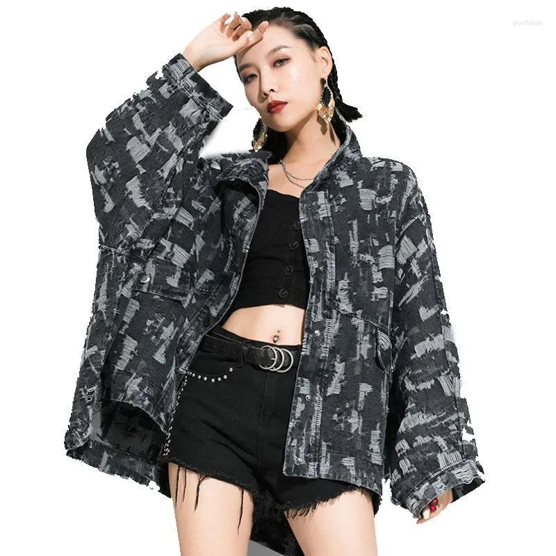 Kvinnors västar Kvinnor Qing Mo Black Women Denim Coat 2022 Spring Streetwear Loose Female Batwing Sleeve ZQY3078