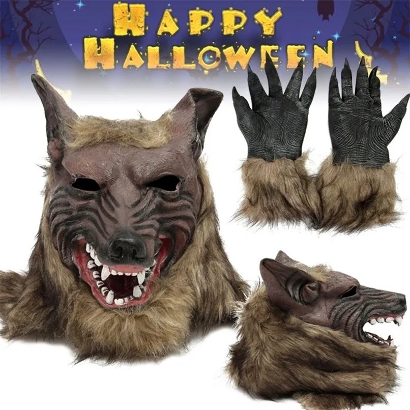 Masques de fête Halloween Latex Caoutchouc Tête de loup Masque de cheveux Gants de loup-garou Costume Décor effrayant 220921