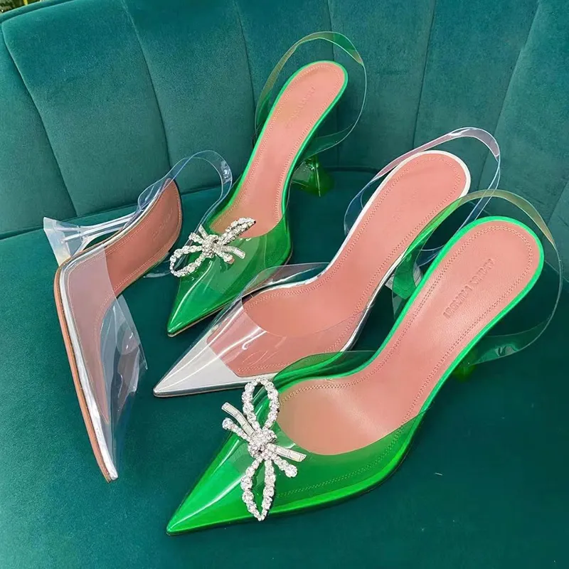 Amina Muaddi Bowknot Sandales À Talons Hauts Chaussures Top Luxe Cristal Diamant Décoratif Transparent PVC Designer Vert Rose Orange Mariage Mode Chaussures De Fête 10CM