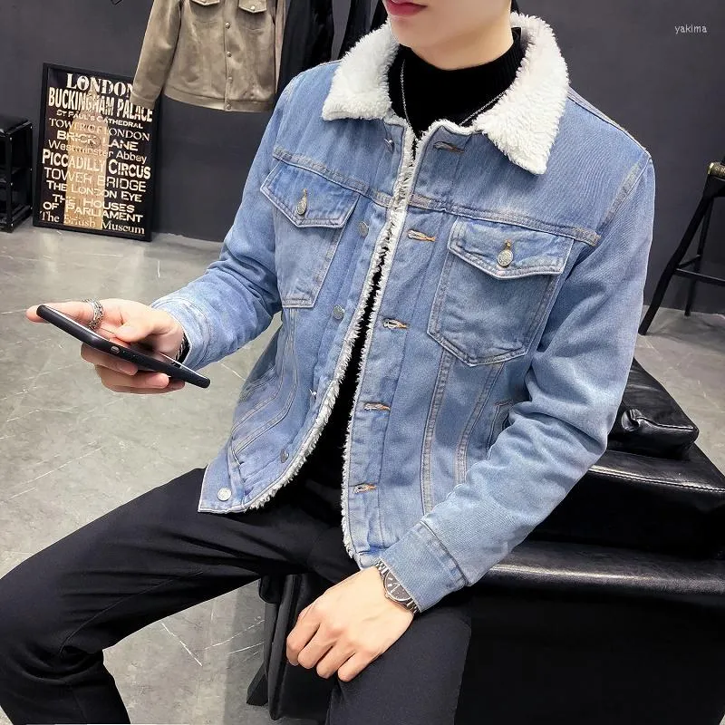 Men's Jackets 2022 Winter&#39;s Men&#39;s Fashion Fleece Thick Pure Color Casual Denim Jacket Male Cotton Slim Vintage Men Coats