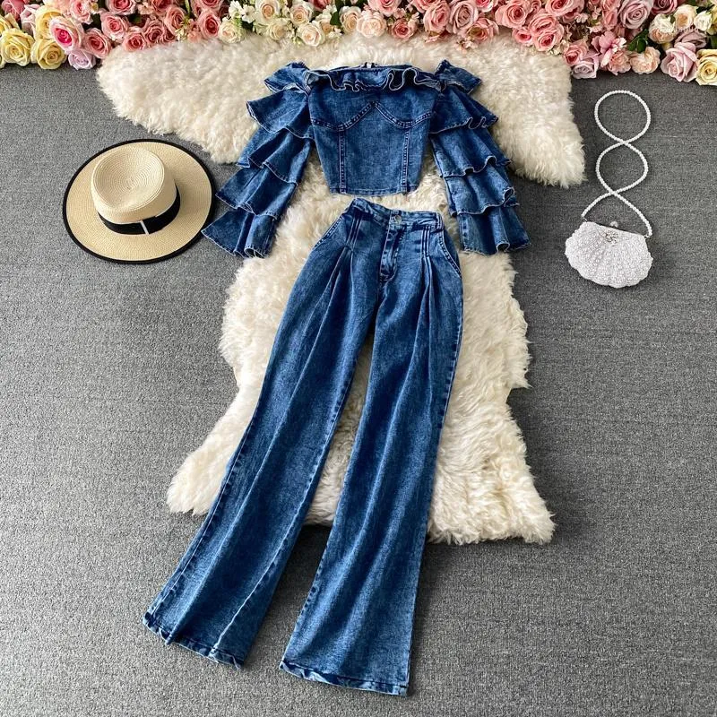 Women's Two Piece Pants Women's 2022 Autumn Arrivals Slash Neck Ruffles Long Sleeve Slim Top Flare Set Women Tracksuits