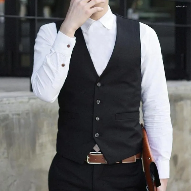 Men's Vests Men Waistcoat Black Single-breasted V Neck Back Lace-up Suit Vest Oversize Male Gilet Homme Sleeveless Formal Business