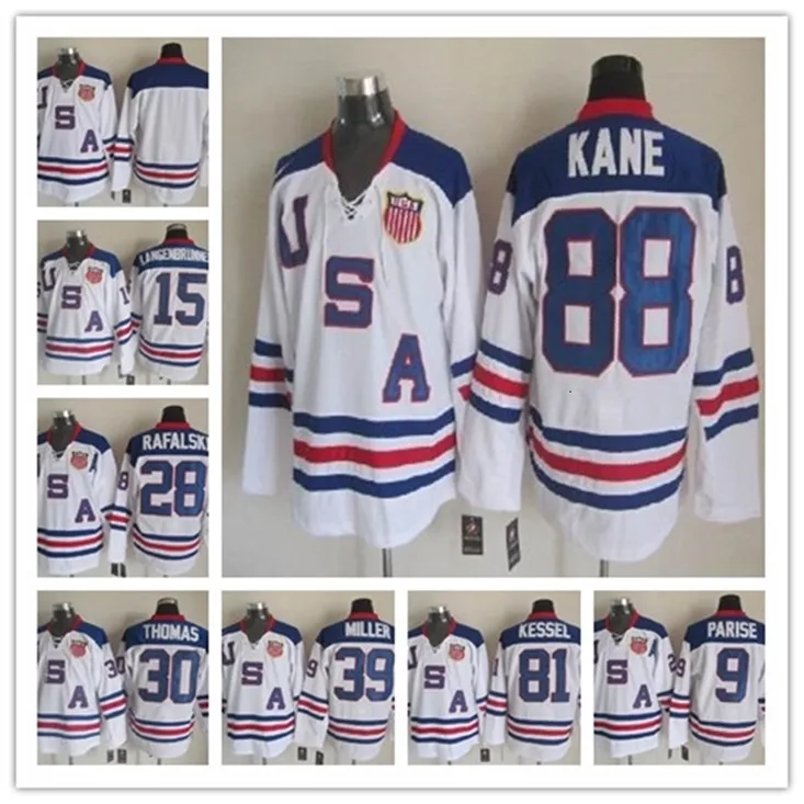 Wskt 2010 Team USA Hockey Jerseys 9 Zach Parise 88 Patrick Kane 81 Phil Kessel 28 Brian Rafalski 39 Miller 15 Langenbrunner Sticthed Bleu Blanc