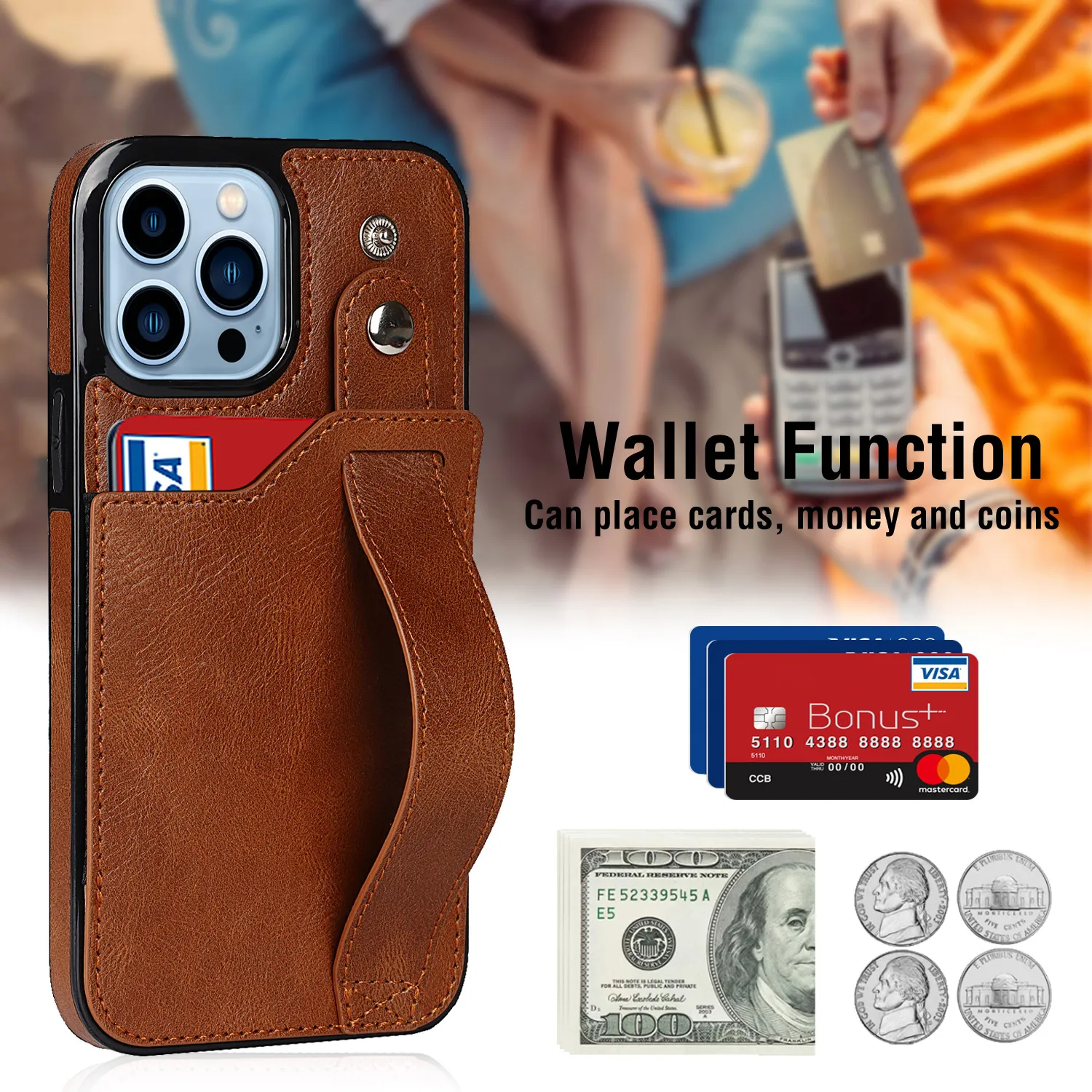 100 pieces Cell Phone leather Cases For iphone 14 13 12 11 pro Max with WirstBand Card slot can mix model