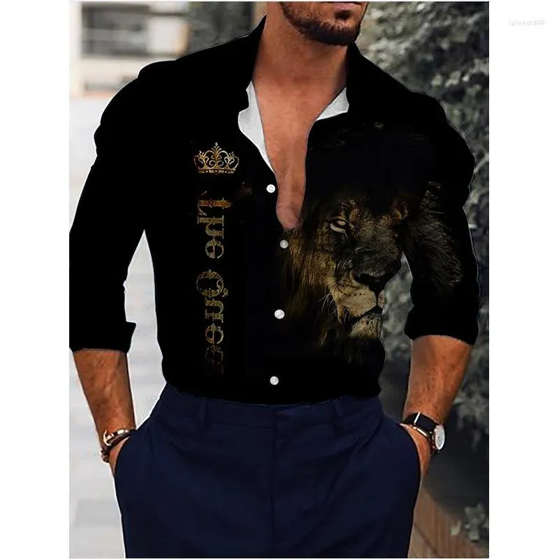 M￤ns avslappnade skjortor sociala mode m￤n h￶g kvalitet ￶verdimensionerad skjorta lejon tryck l￥ng￤rmad topps tops herrar kl￤dklubb kofta blusar