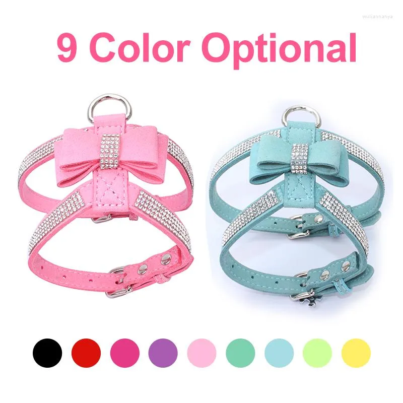 Colliers de chien harnais laisse costume gilet brillant diamants réglable doux daim tissu arc strass collier pour animaux de compagnie harnais pour chiens produits