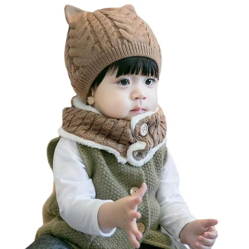 Scarves Wraps Hats Scarves Gloves Sets Doit 6 Months to 3 years old baby kids beanie puppy twist wool solid boys Knitted hats winter 2 pcs girl hat scarf