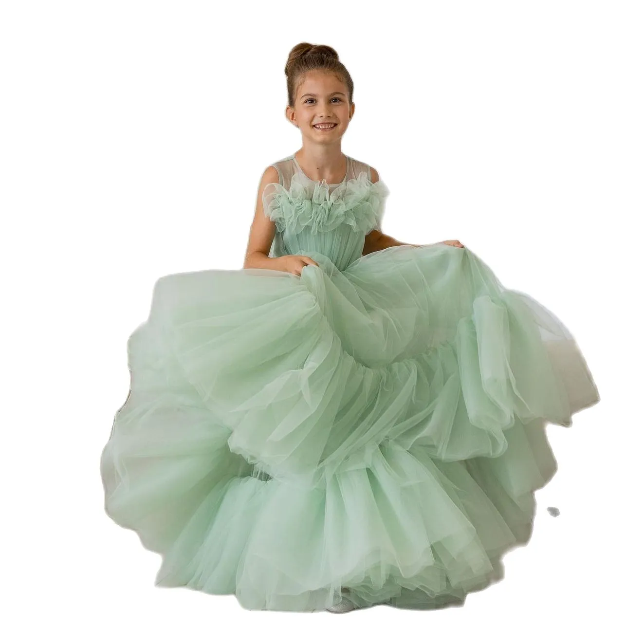Robe De Fille De Fleur En Tulle Vert Menthe Avec Volants Pour Les