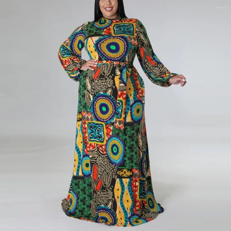 Plus Size Dresses 4XL 5XL For Women Vintage Printed Full Sleeve High Waisted Floor Length Elegant Large Evening Party Dress Big