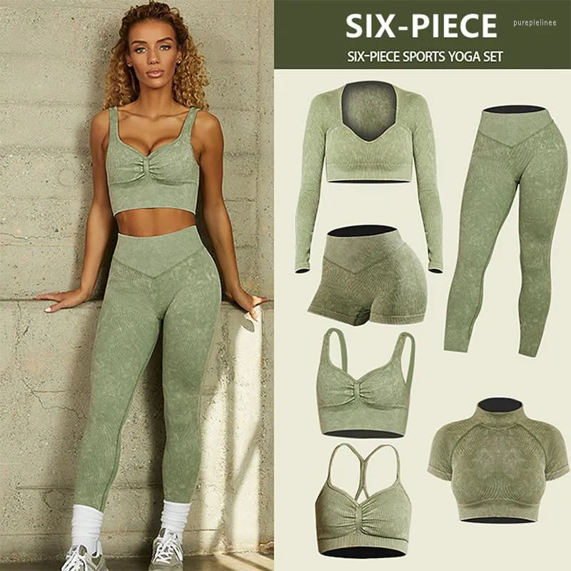 Set attivi Set da yoga senza cuciture a coste a sei pezzi Top corto da donna Reggiseno sportivo Leggings da palestra Pantaloncini Abbigliamento sportivo da fitness Completo da allenamento