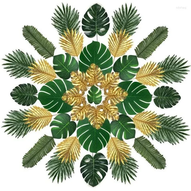 Decorative Flowers Artificial Palm Leaves Decor - 72 Pcs 9 Kinds Tropical Safari Decoration Jungle Theme Party Supplies