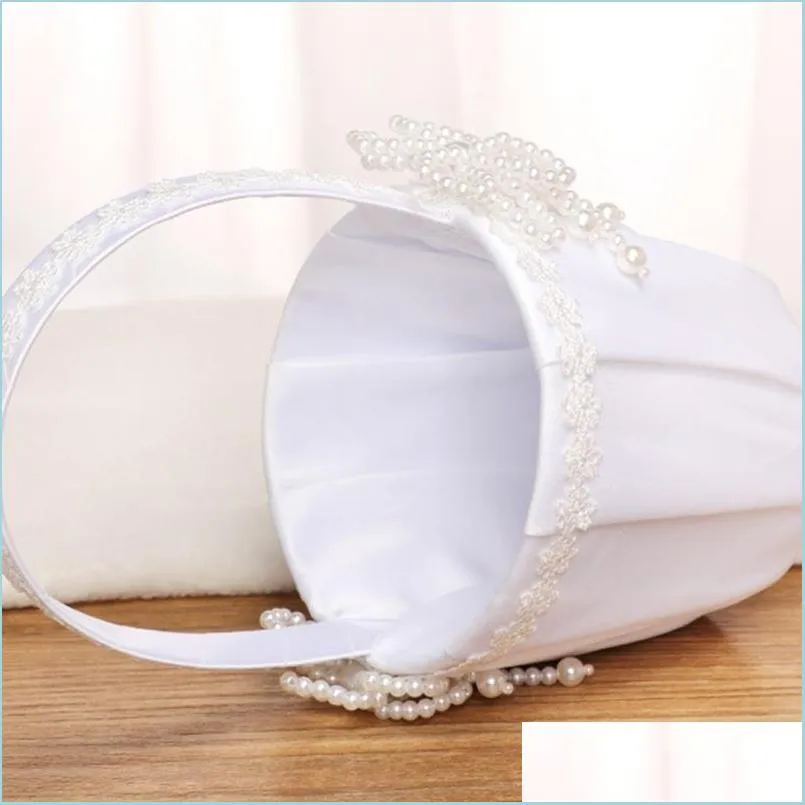 Décoration De Fête Beautif Perles À La Main De Panier De Fleurs De Mariage Avec Une Apparence Élégante Poignée Blanc Ivoire Fille Bas Nerdsropebags500Mg Dhub2