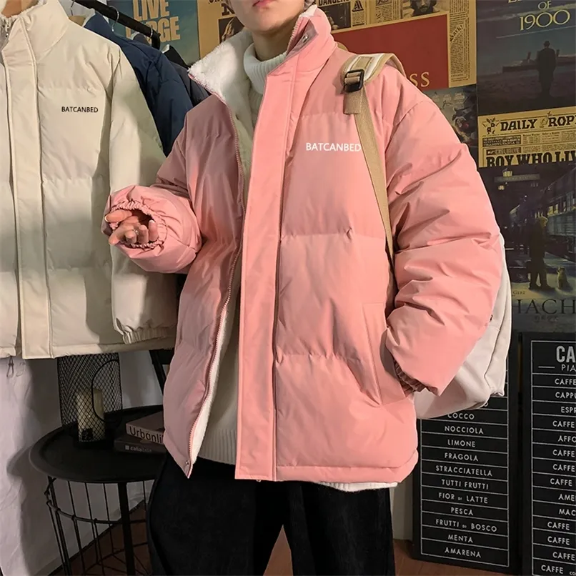 Men's Down Parkas Hybskr Fleece Thicken Letter Graphic Men Winter Coat Stand Collar Oversize Korean Style Male Padded Warm Jackets 220922