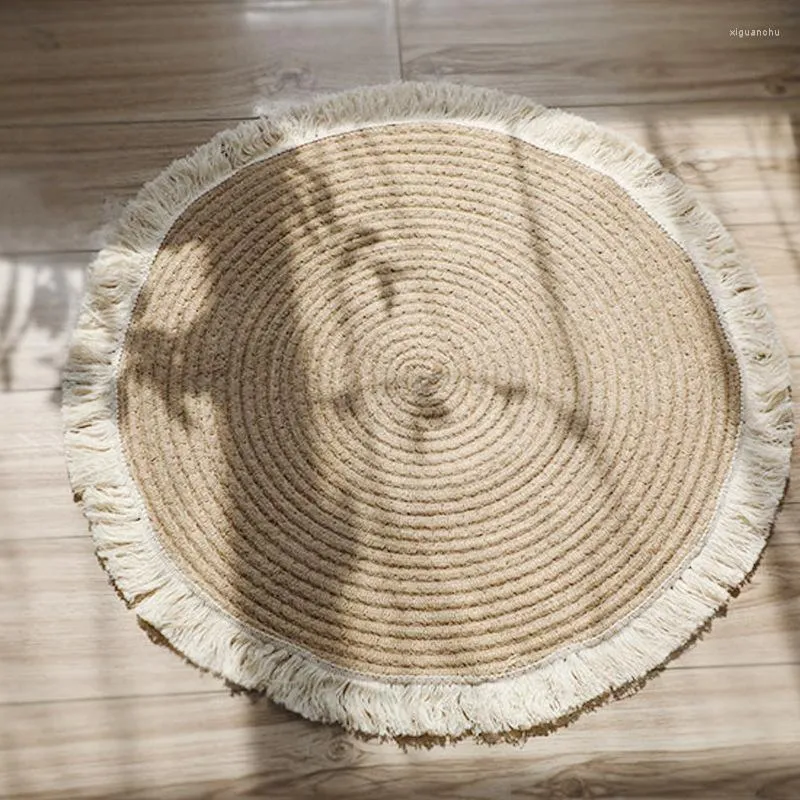バスマットジュートラウンドレトロタッセル織りカーペット印刷ホームステイホームリビングルームコーヒーテーブルマットベッドルームスタディフロア