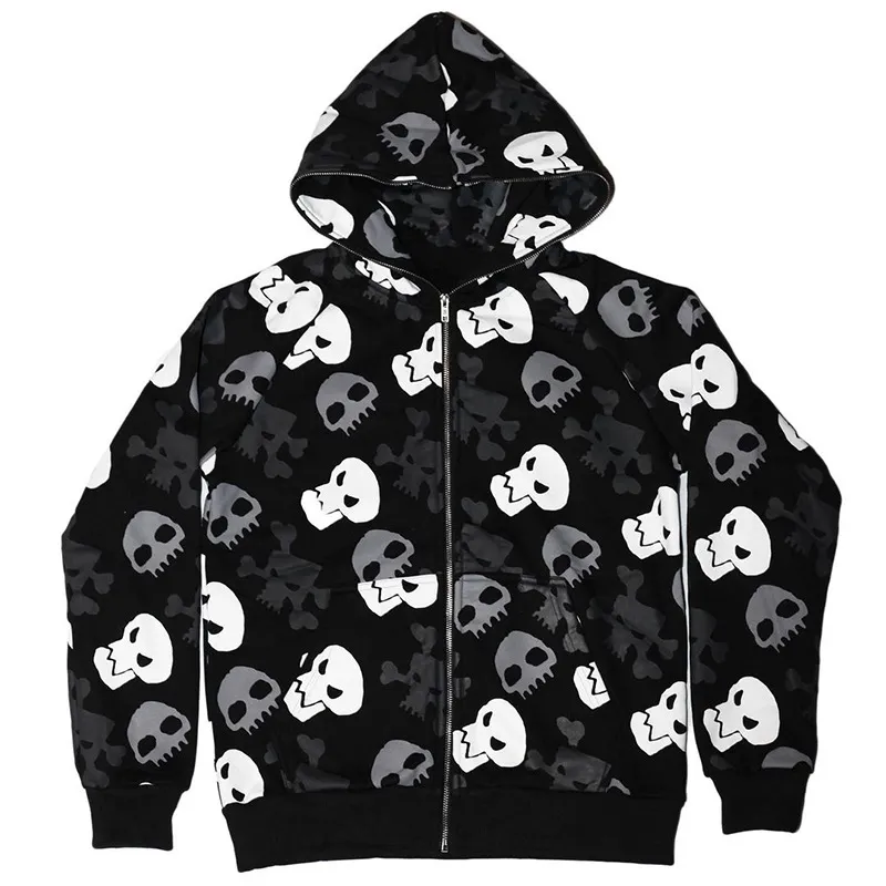 Herrhuvtröjor Sweatshirts Pullover Overdimensionerad dragkedja Fleece Heavyweight Full Face Zip Hoodie Halloween Skull Printing