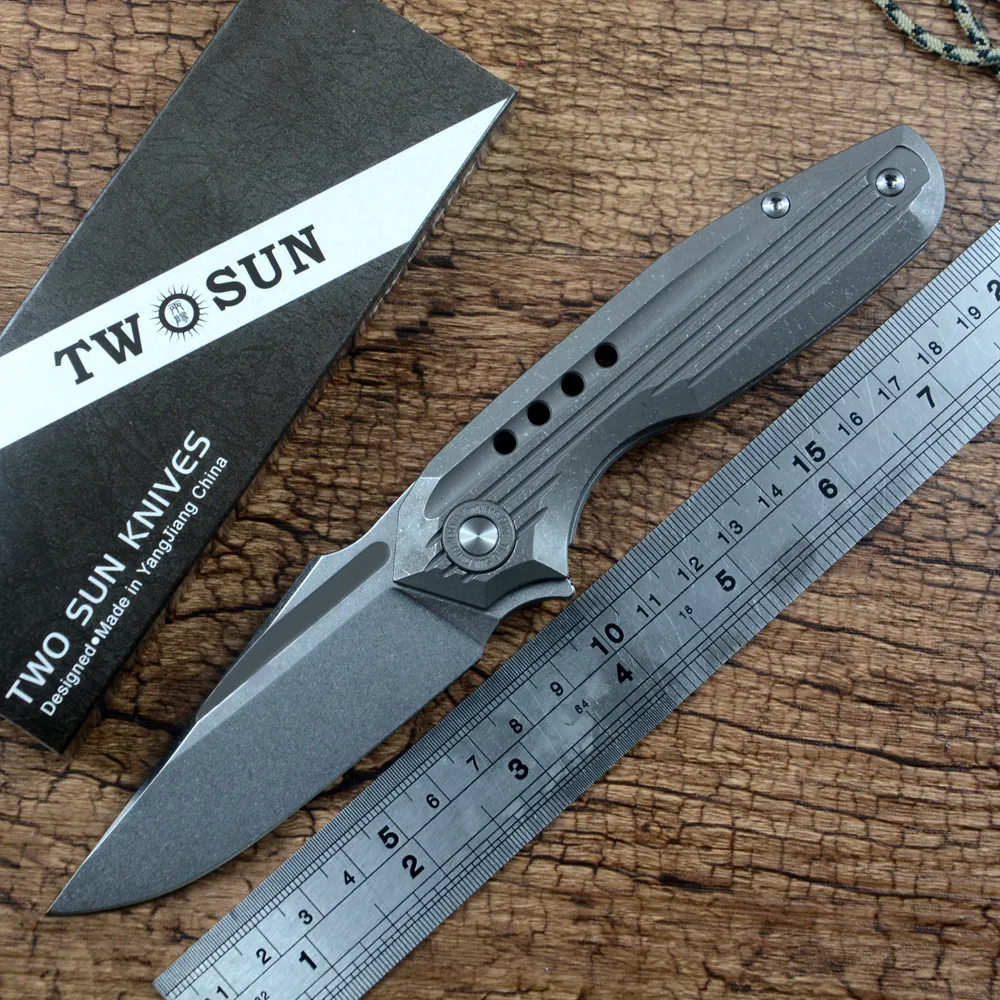 Twosun D2 Stonewash 블레이드 포켓 ​​나이프 세라믹 볼 베어링 와셔 TC4 티타늄 손잡이 접이식 실외 캠핑 사냥 EDC TS194