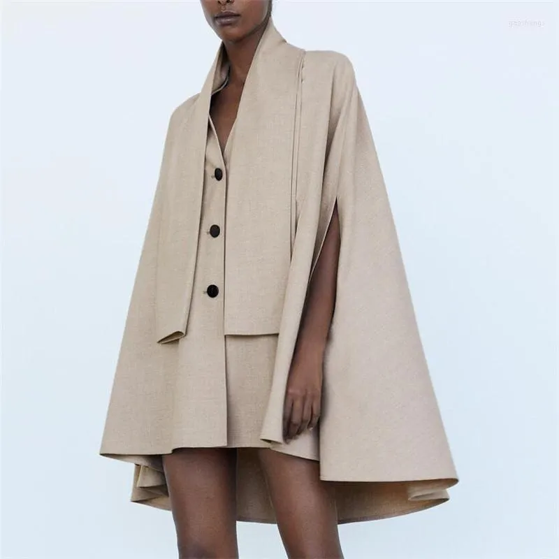 Women's Trench Coats Women's Solid Color Loose Cape Coat Vintage V Neck Female Outerwear Chic Single Breasted Long 2022 Autumn Winter