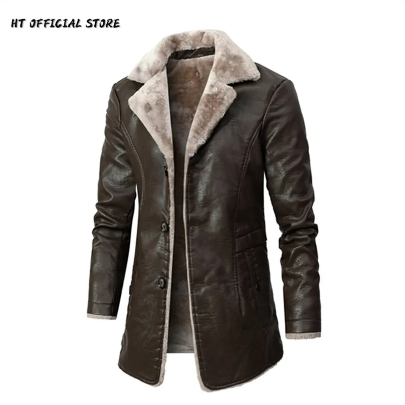 Men's Leather Faux PU Jacket Men Long Style Solid Streetwear Fleece Casual Mens Clothing Porckets Breasted Coat Outwear 220922