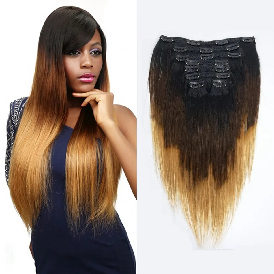 T1B 4 27 Straight Clip In Human Hair Extensions Ombre Color Indian