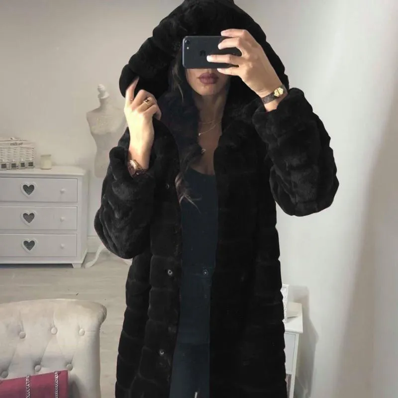 FULO ELEGENTE FULELEGENTE O sobretudo outono de inverno Faux com capuz de casacos longos e quentes de manga de manga de veludo plus size Outwear