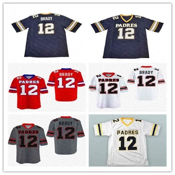 Wskt Men Vintage Tom Brady 12 High School Football Jersey Junipero Serra GOAT Sticthed Shirt Navy Blue Red White Mix Order