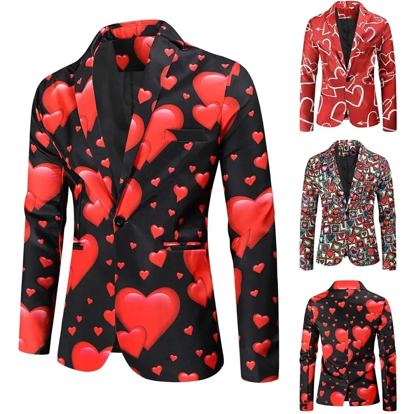 Мужские костюмы Blazers Blazers Valentine's Gift Fashion Party Pail Casual Slim Fit Blazer Кнопки 3D Heart Print Print