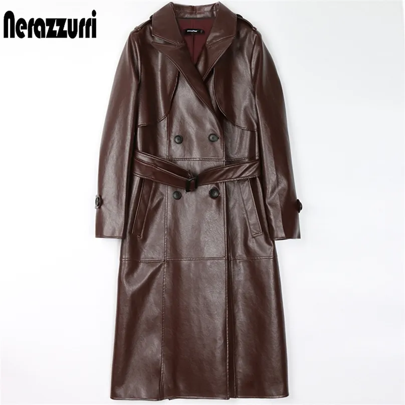 Женские траншеи Coats Nerazzurri Spring Brown Long Black Faux Leather Trench Poat для женщин с длинным рукавом с длинным рукавом двойной грудь женская осенняя мода 7xl 220922