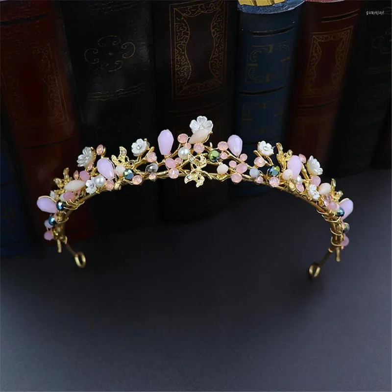 ヘッドピース高品質の手作りビーズ女性のための花の結婚式の王子ピンクピンクティアラスヘッドドレスガールズプロムブライダルヘアジュエリーアクセサリー