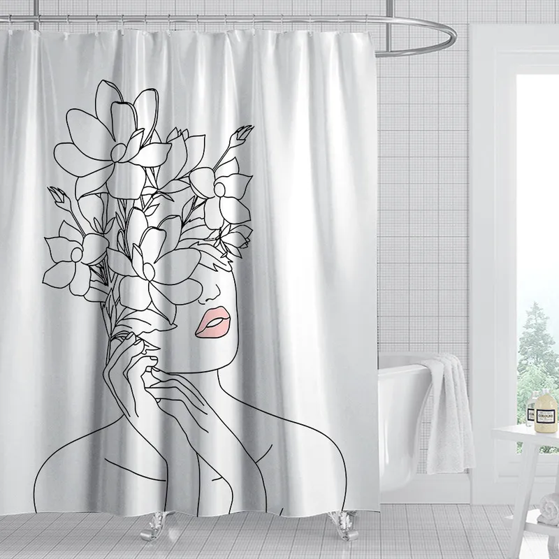 Cortinas de chuveiro Linha de arte simples branca fêmea para cozinha Acessórios para banheiros de poliéster à prova d'água Banho Cortina 220922