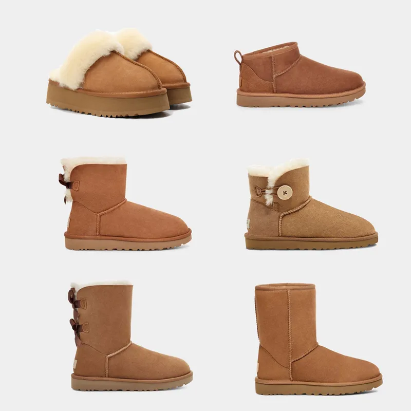 Bottes de créateurs hiver clair mini botte de neige femme Australie talons plats bottines chaudes noeud papillon chaussures australiennes luxueux Uggss pantoufle