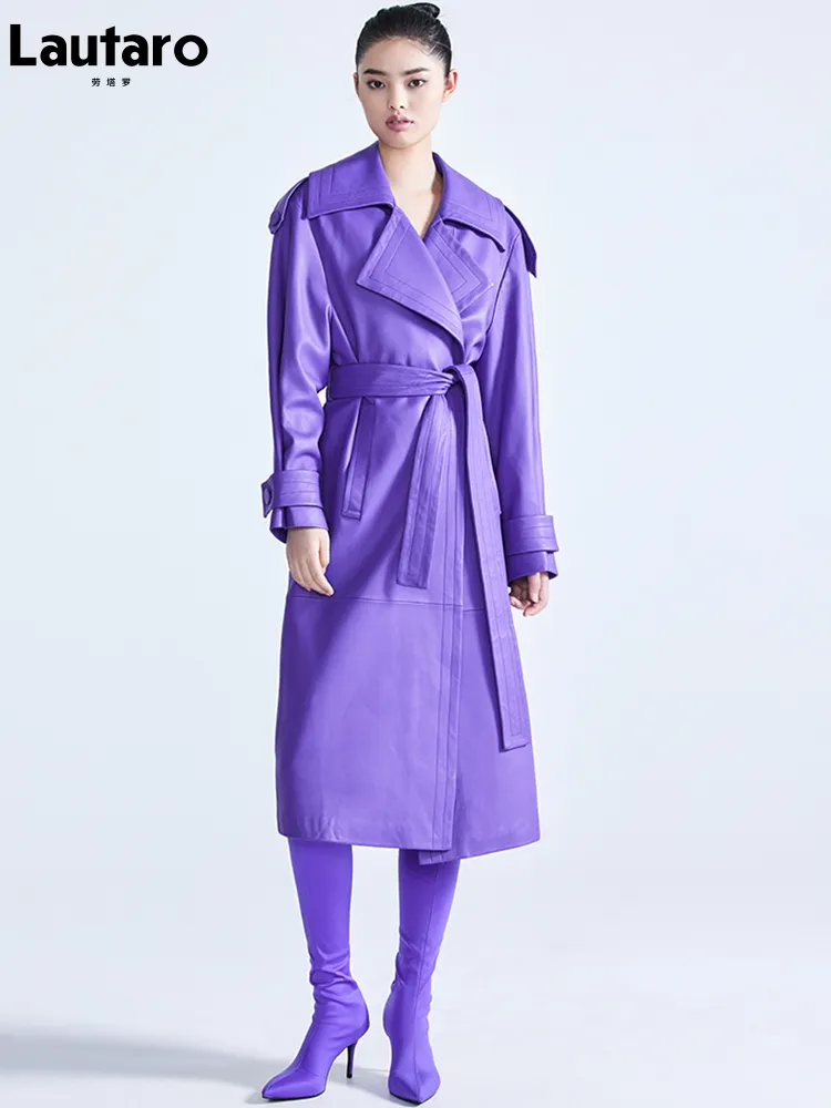 Skóra damska Faux Lautaro Spring Autumn Długość luksusowa elegancka fioletowa kolorowa płaszcz dla kobiet szarfy Designer Projektanta Mody 220922