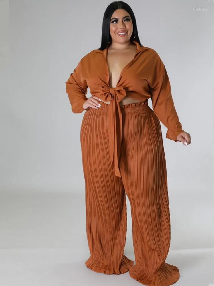 Tracksuits 4XL Plus Size Women Set Clothes Lace Up Crop Tops Pleated Wide Leg Pant Suit Autumn Solid Casual Sexy Oversize Outfits