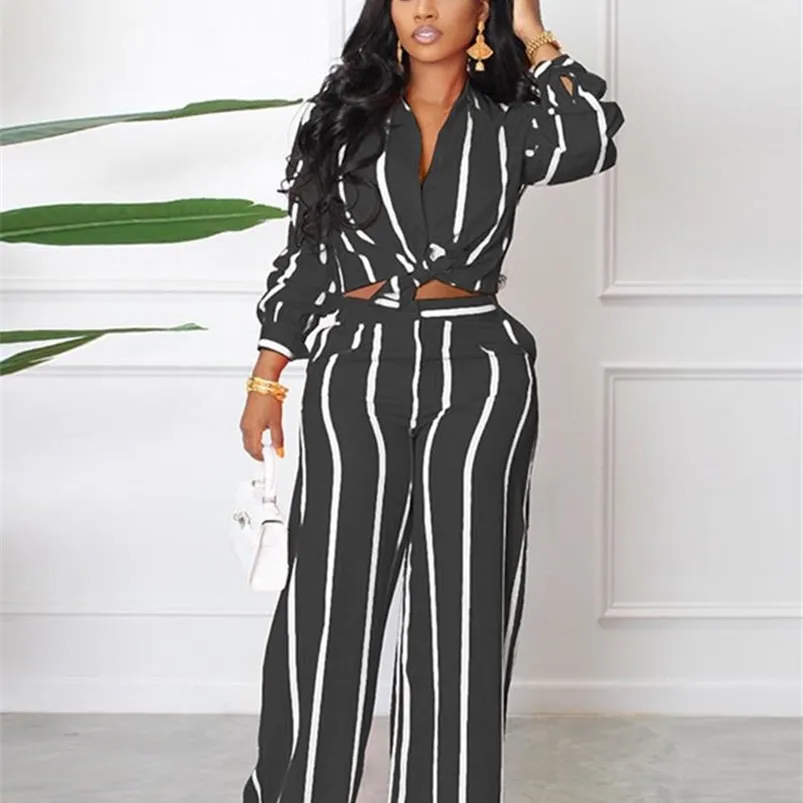 Frauen Zweiteilige Hosen Frau Spitze Up Streifen Langarm Button Up Hosen Set Weibliche Herbst Lässige Mode Hemd Hosen anzug Dame Breite Bein Hosen Anzug 220922