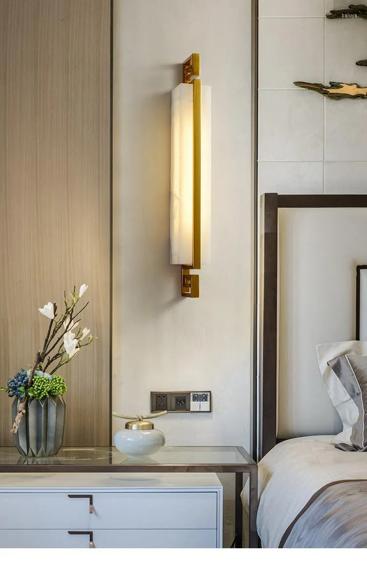 Lâmpada de parede estilo chinês em mármore cobre sala de estar moderno minimalista quarto de cabeceira longa