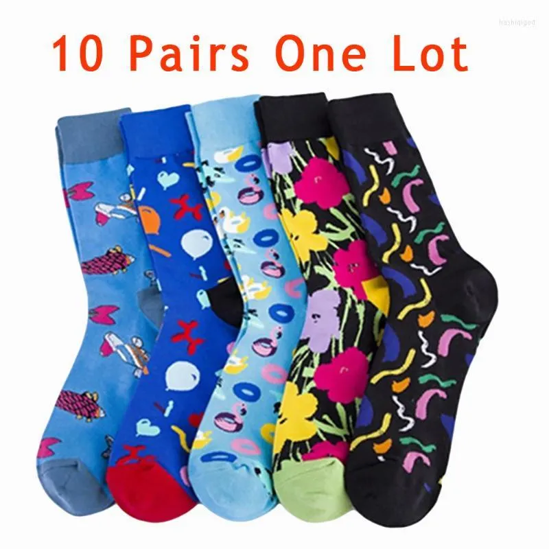 Chaussettes pour hommes 10 paires plus taille fleur cr￩ative joyeuse bague de natation poisson color￩ robe de coton de mode