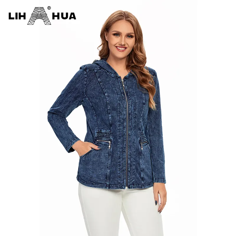 Women s Plus Size Outerwear Coats LIH HUA Hooded Denim Jacket Cotton Casual Fall Stretch Knit Fashion 220922