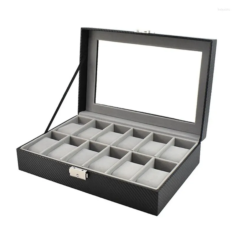 Watch Boxes 12-Slot Box Stand With Glass Cover Gray Velvet Wooden Storage In Carbon Fiber Pu Leather