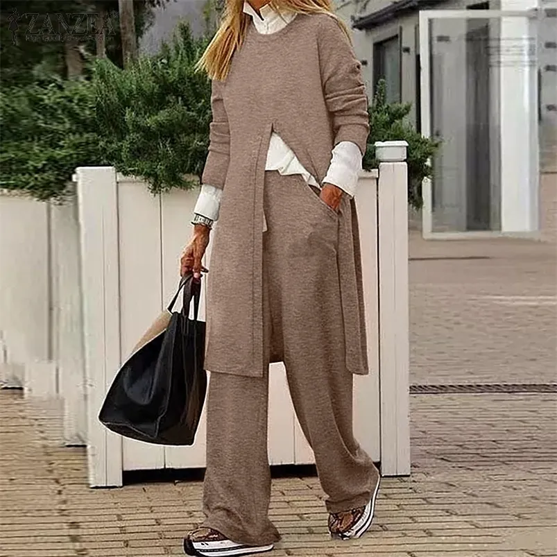 Kvinnors tv￥bitar byxor Zanzea Kvinnors tr￤ningsdr￤kt Autumn Long Sleeve Puits Urban Casual Solid Matching Set Mujer Wide Leg Trouser 2st Pant Set 220922