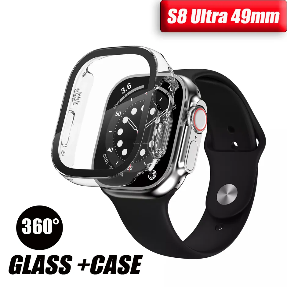 Verre de protection 360 et étui Deux en un étui iwatch en plastique acrylique pour montre Apple iwatch S8 Ultra 49mm étuis noirs transparents avec boîte de vente au détail