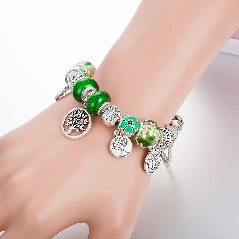 Green Charms Family tree pendant Bracelets Girl Womens Fashion Party Gift with Original Box For Pandora Silver plated Snake Chain Bracelet Set